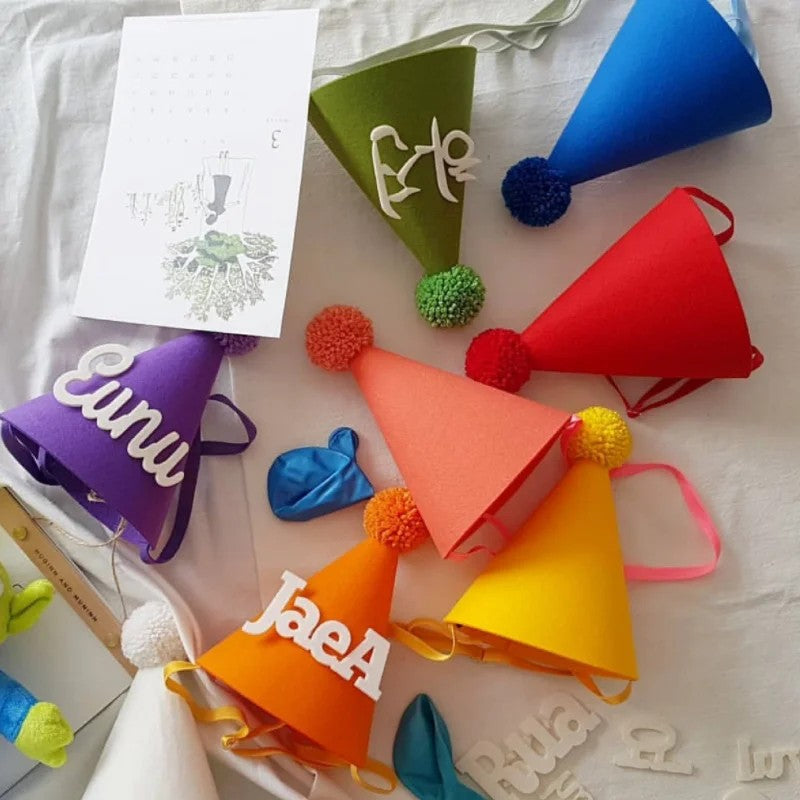 Cone Party Hat - Pompom and Personalized Text Applique