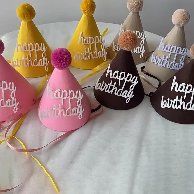 Cone Party Hat - Pompom and Personalized Text Applique