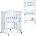 Convertible Baby Crib - White Solid Wood with Swivel Castors