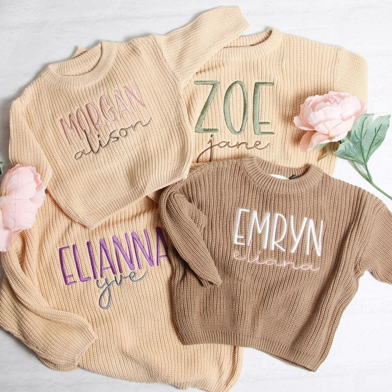 Custom Embroidered Name Knit Sweater for Babies and Toddlers - Ribbed Collar and Cuffs