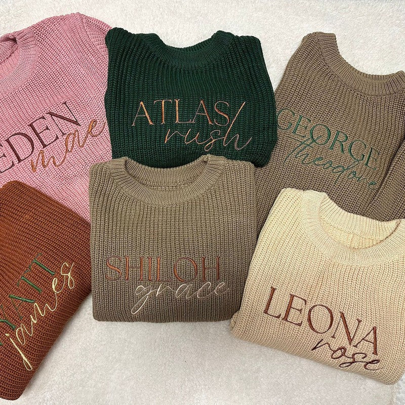 Custom Embroidered Name Knit Sweater for Babies and Toddlers - Ribbed Collar and Cuffs