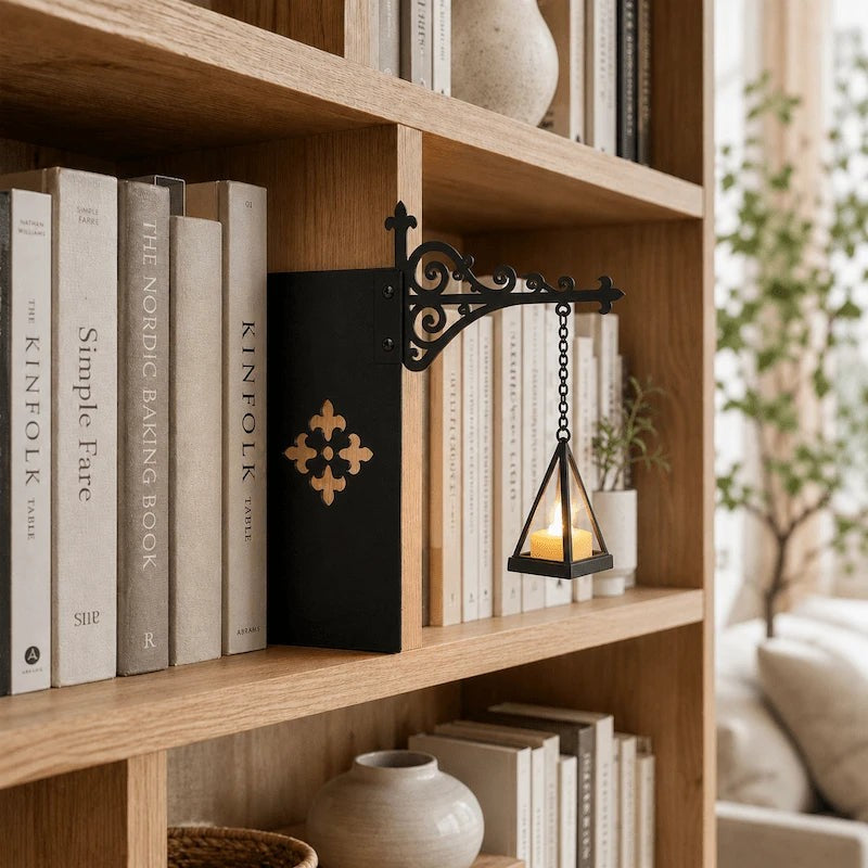 Decorative Bookshelf Light - Ornate Wrought-Iron Bracket with Illuminated Pendant