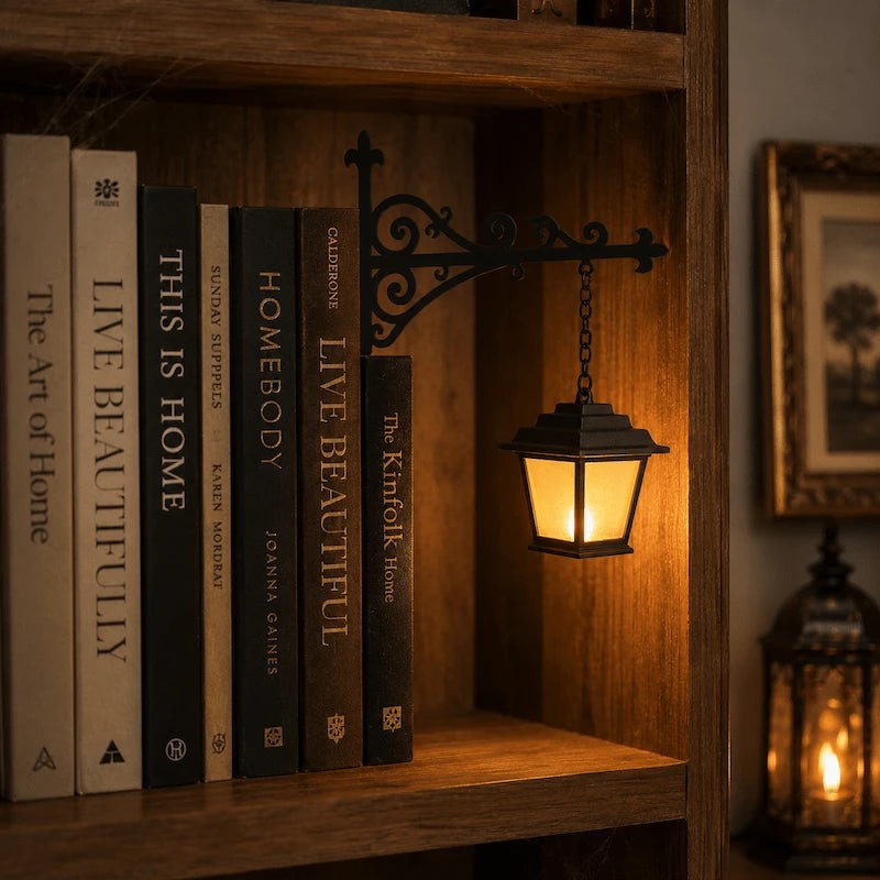 Decorative Bookshelf Light - Ornate Wrought-Iron Bracket with Illuminated Pendant