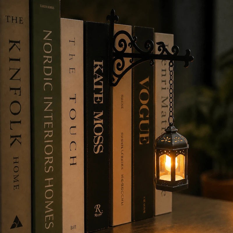 Decorative Bookshelf Light - Ornate Wrought-Iron Bracket with Illuminated Pendant