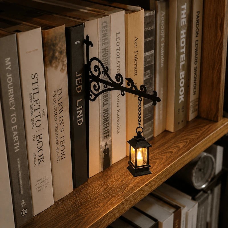 Decorative Bookshelf Light - Ornate Wrought-Iron Bracket with Illuminated Pendant