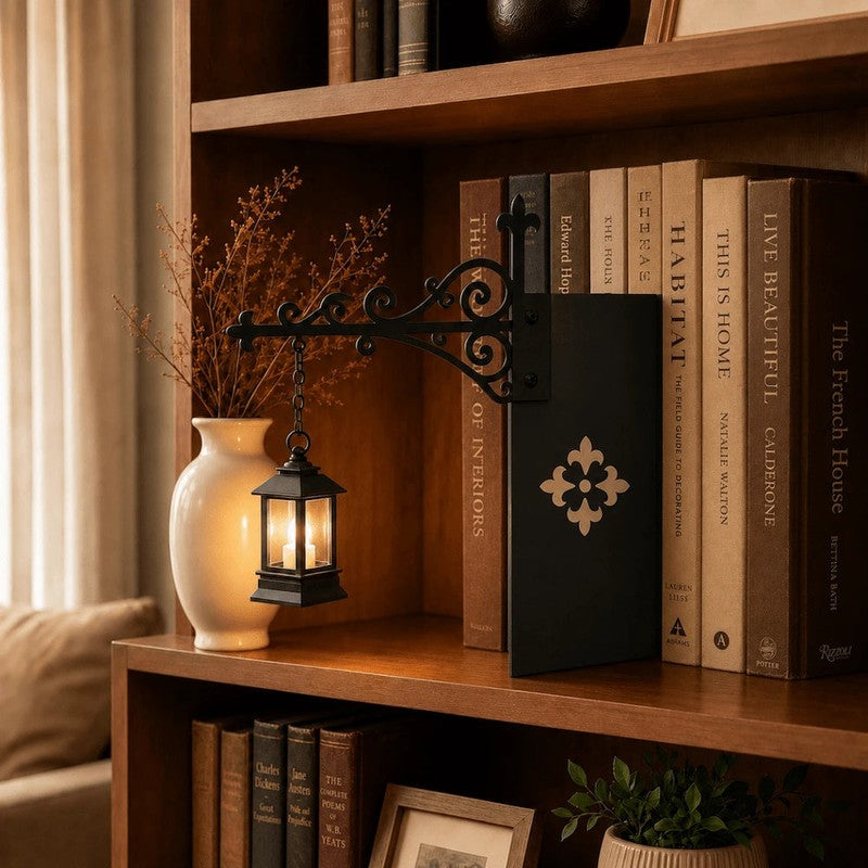 Decorative Bookshelf Light - Ornate Wrought-Iron Bracket with Illuminated Pendant