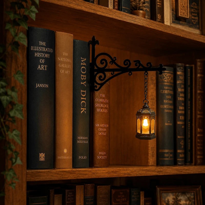 Decorative Bookshelf Light - Ornate Wrought-Iron Bracket with Illuminated Pendant