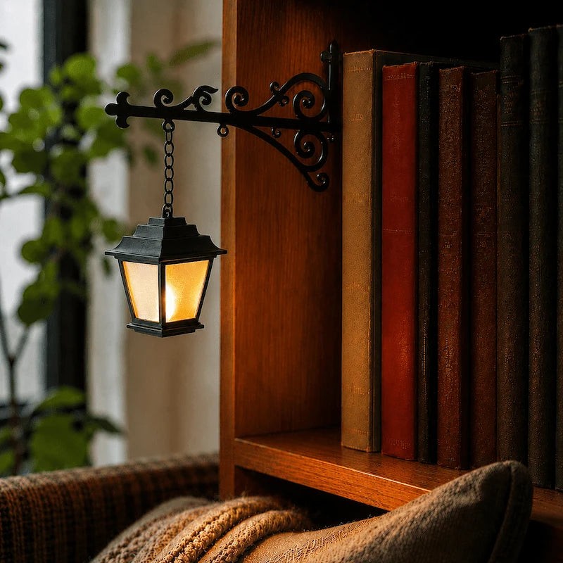Decorative Bookshelf Light - Ornate Wrought-Iron Bracket with Illuminated Pendant