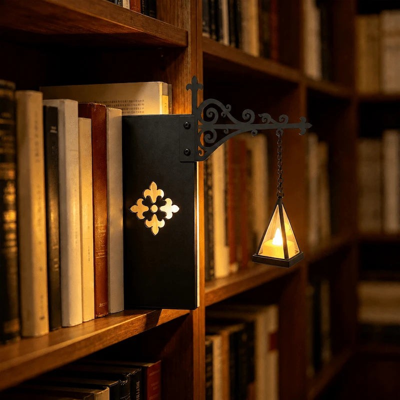 Decorative Bookshelf Light - Ornate Wrought-Iron Bracket with Illuminated Pendant