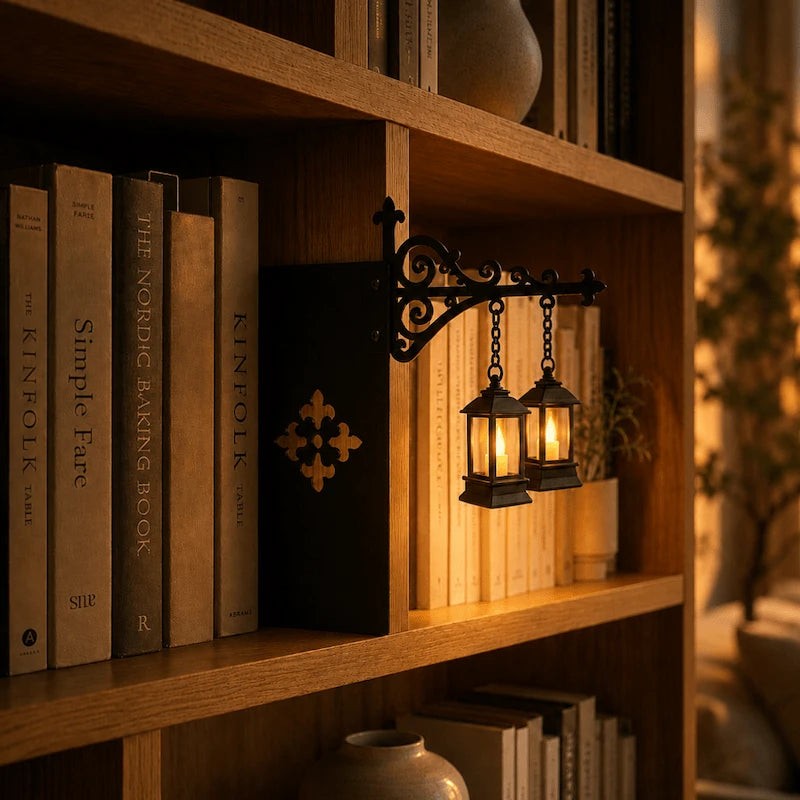 Decorative Bookshelf Light - Ornate Wrought-Iron Bracket with Illuminated Pendant
