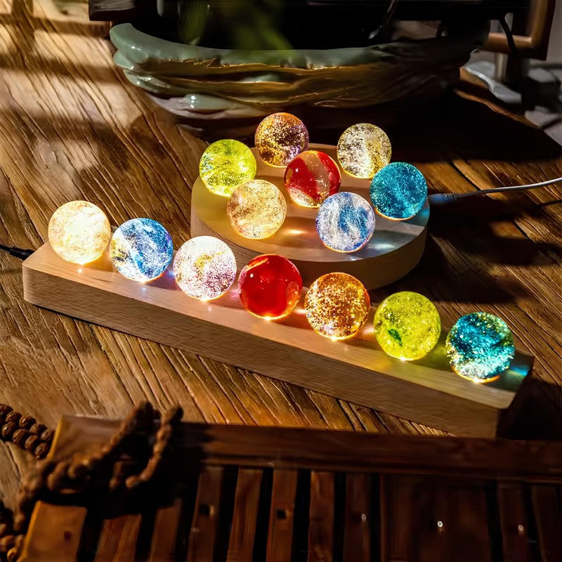 Decorative LED Light - Galaxy-Themed Crystal Orbs on Wooden Base