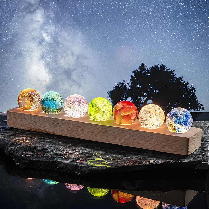 Decorative LED Light - Galaxy-Themed Crystal Orbs on Wooden Base