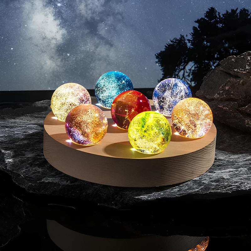 Decorative LED Light - Galaxy-Themed Crystal Orbs on Wooden Base