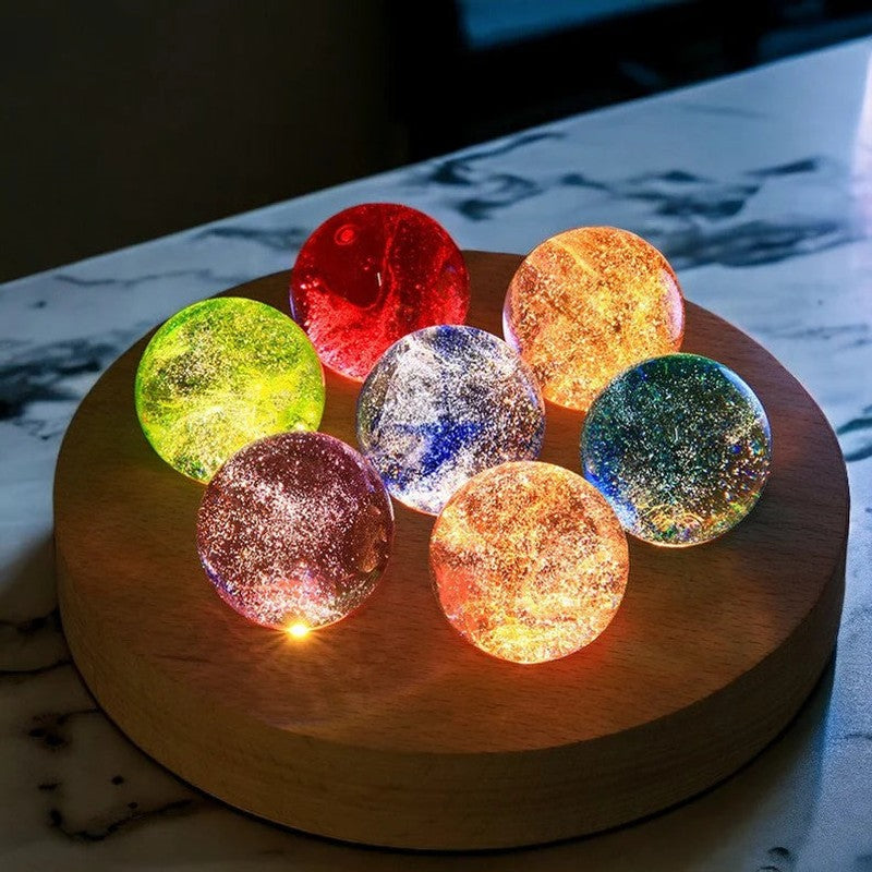 Decorative LED Light - Galaxy-Themed Crystal Orbs on Wooden Base
