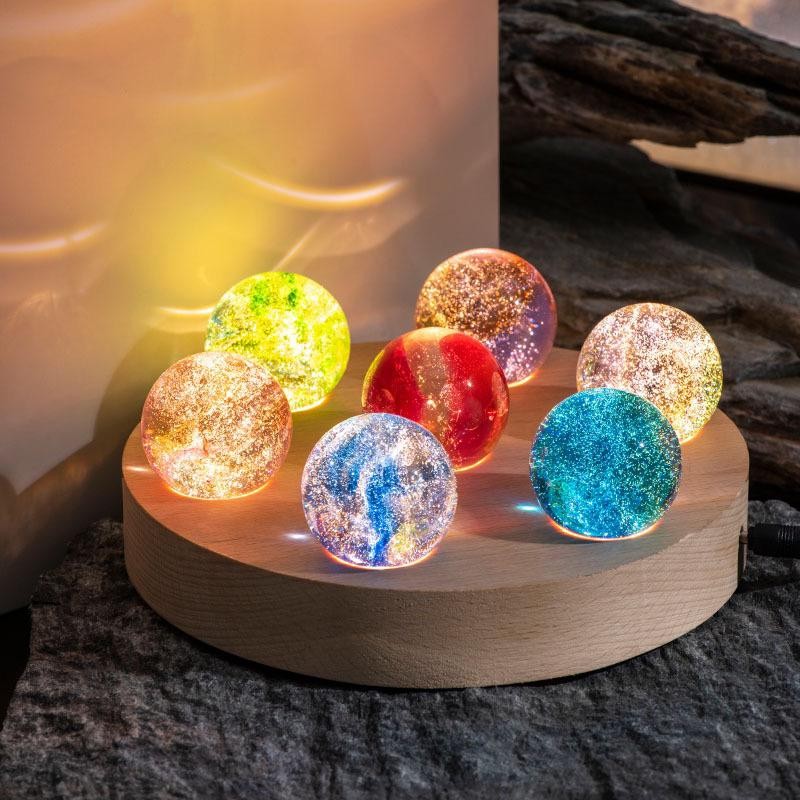 Decorative LED Light - Galaxy-Themed Crystal Orbs on Wooden Base