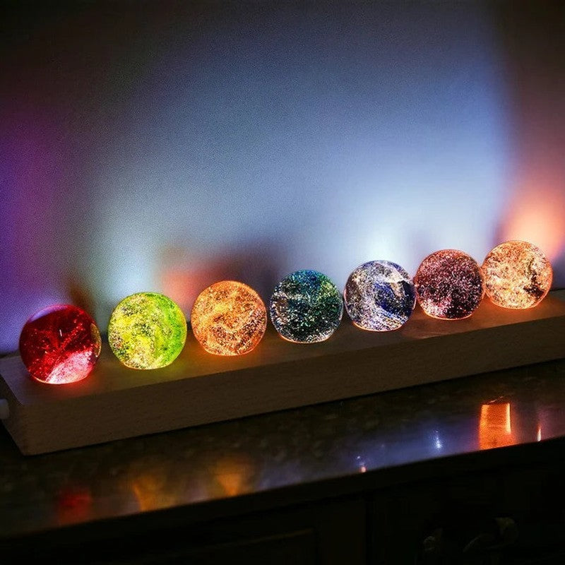 Decorative LED Light - Galaxy-Themed Crystal Orbs on Wooden Base