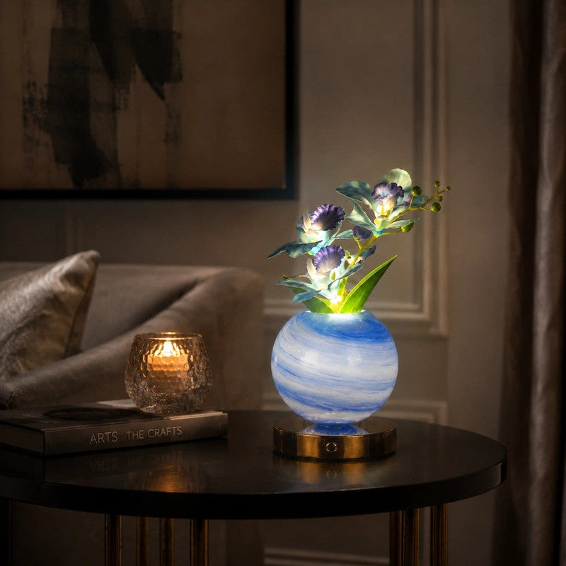 Decorative Table Lamp with Artificial Orchid Flowers - Spherical Glass Vase