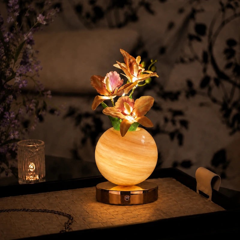 Decorative Table Lamp with Artificial Orchid Flowers - Spherical Glass Vase
