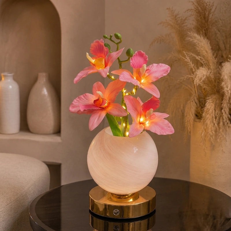 Decorative Table Lamp with Artificial Orchid Flowers - Spherical Glass Vase