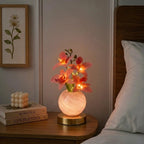Decorative Table Lamp with Artificial Orchid Flowers - Spherical Glass Vase