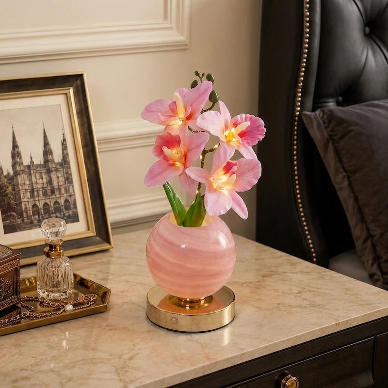 Decorative Table Lamp with Artificial Orchid Flowers - Spherical Glass Vase
