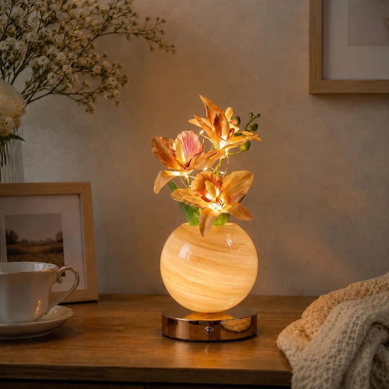 Decorative Table Lamp with Artificial Orchid Flowers - Spherical Glass Vase