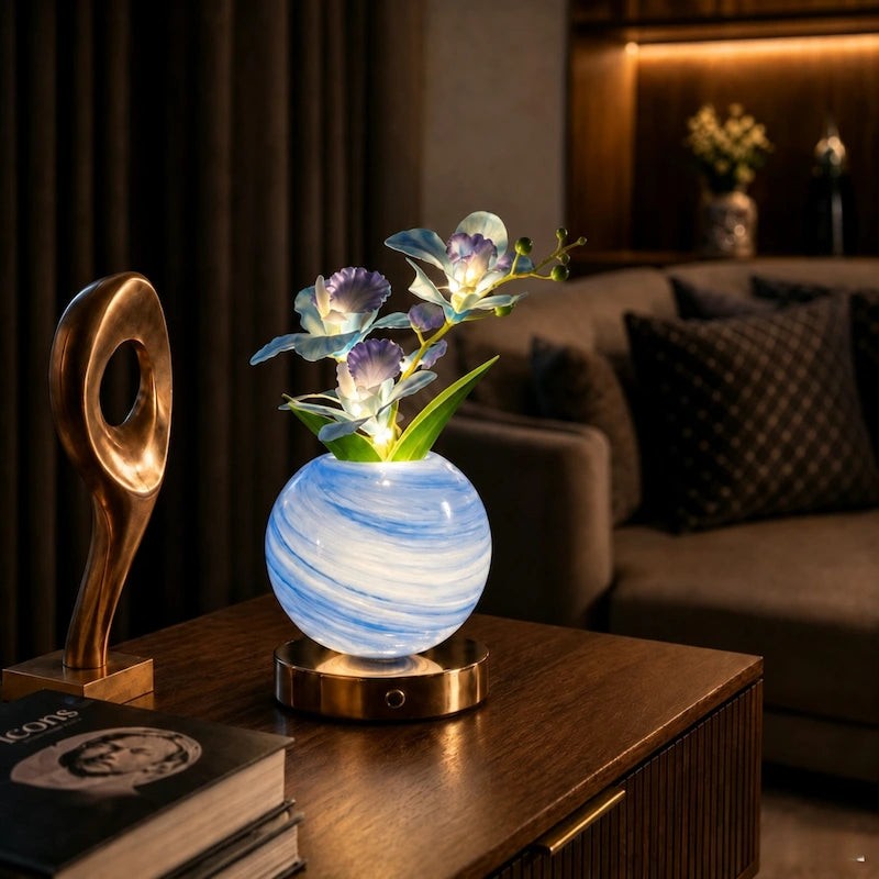Decorative Table Lamp with Artificial Orchid Flowers - Spherical Glass Vase