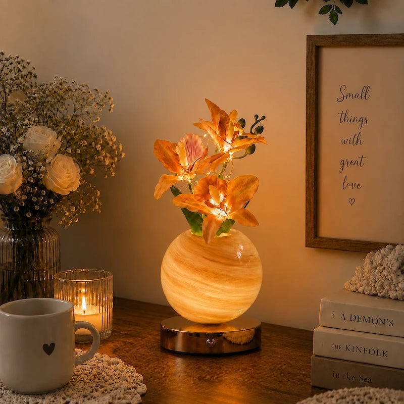 Decorative Table Lamp with Artificial Orchid Flowers - Spherical Glass Vase