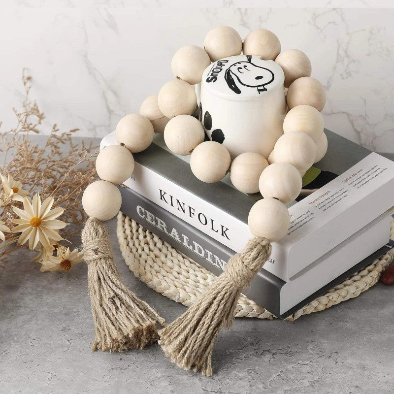 Decorative Wood Bead Garland with Tassels - Rustic Farmhouse Decor