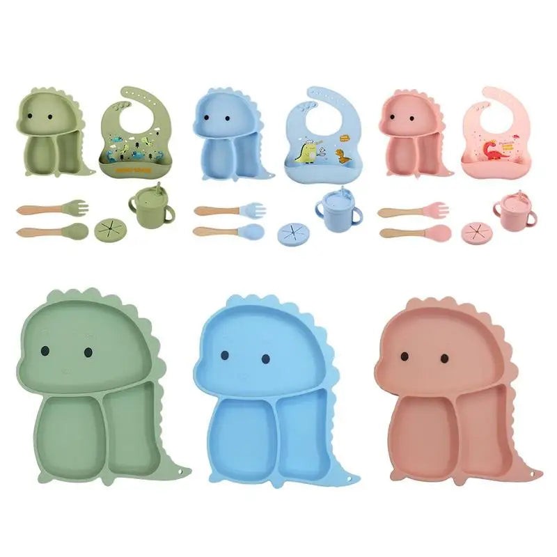 Dinosaur Shaped Divided Plate Set with Bib Cup and Cutlery