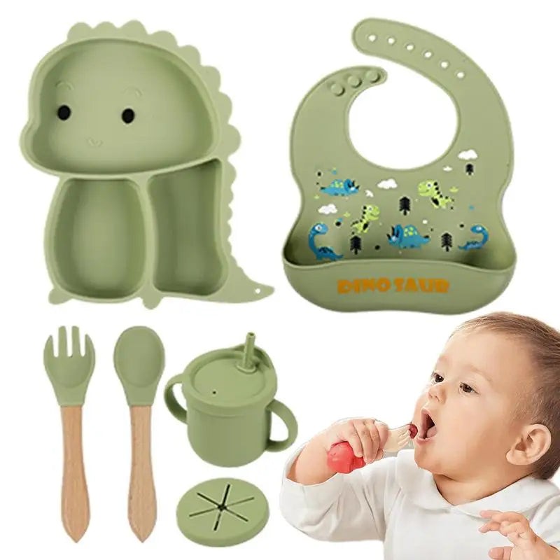 Dinosaur Shaped Divided Plate Set with Bib Cup and Cutlery