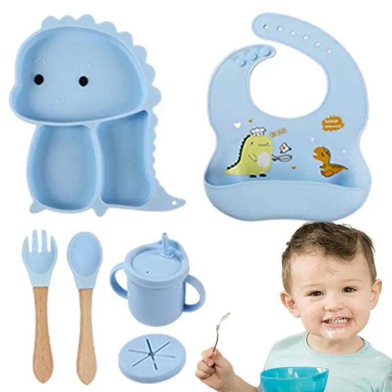 Dinosaur Shaped Divided Plate Set with Bib Cup and Cutlery