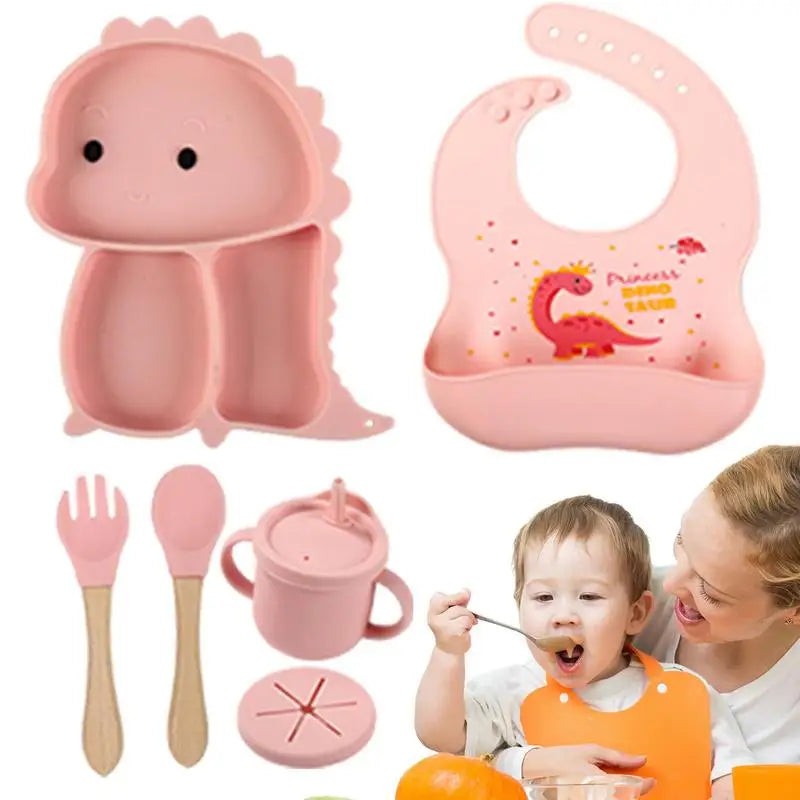 Dinosaur Shaped Divided Plate Set with Bib Cup and Cutlery