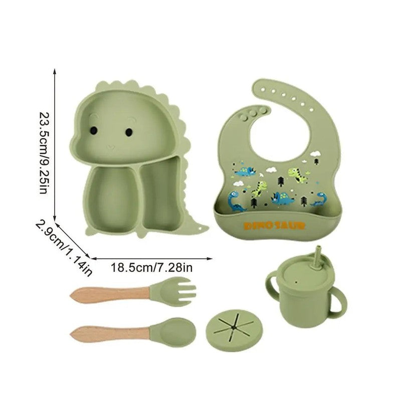 Dinosaur Shaped Divided Plate Set with Bib Cup and Cutlery
