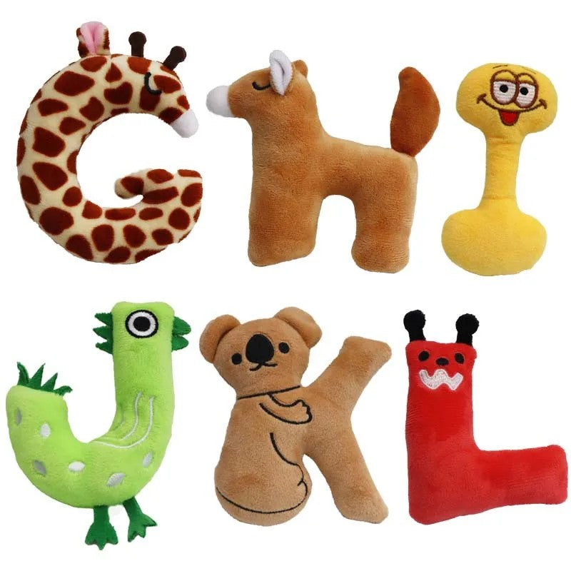 Dog Toy - Plush Squeaky Alphabet Letter with Animal Characters