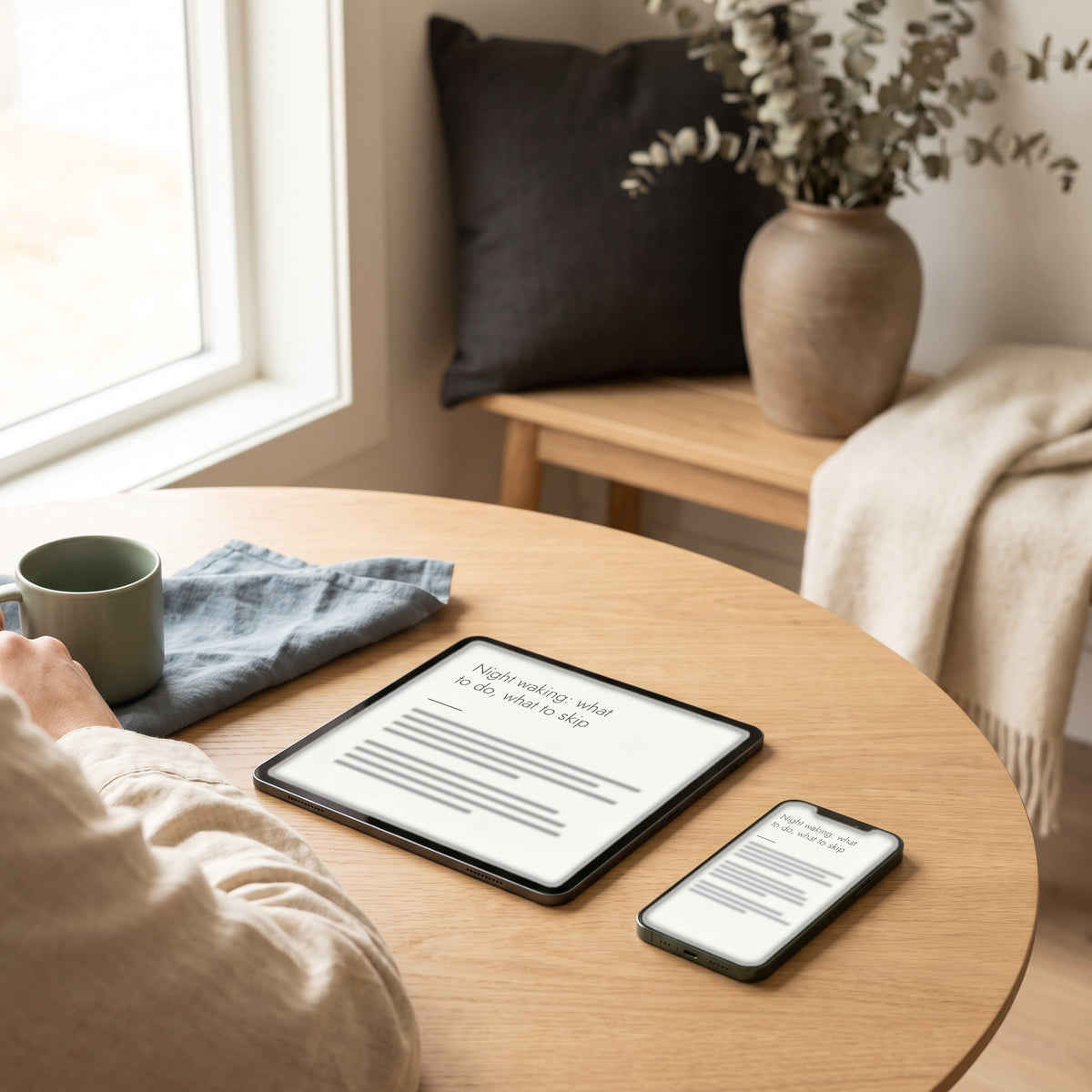 Sleep, Settled e-book shown on a tablet and a phone