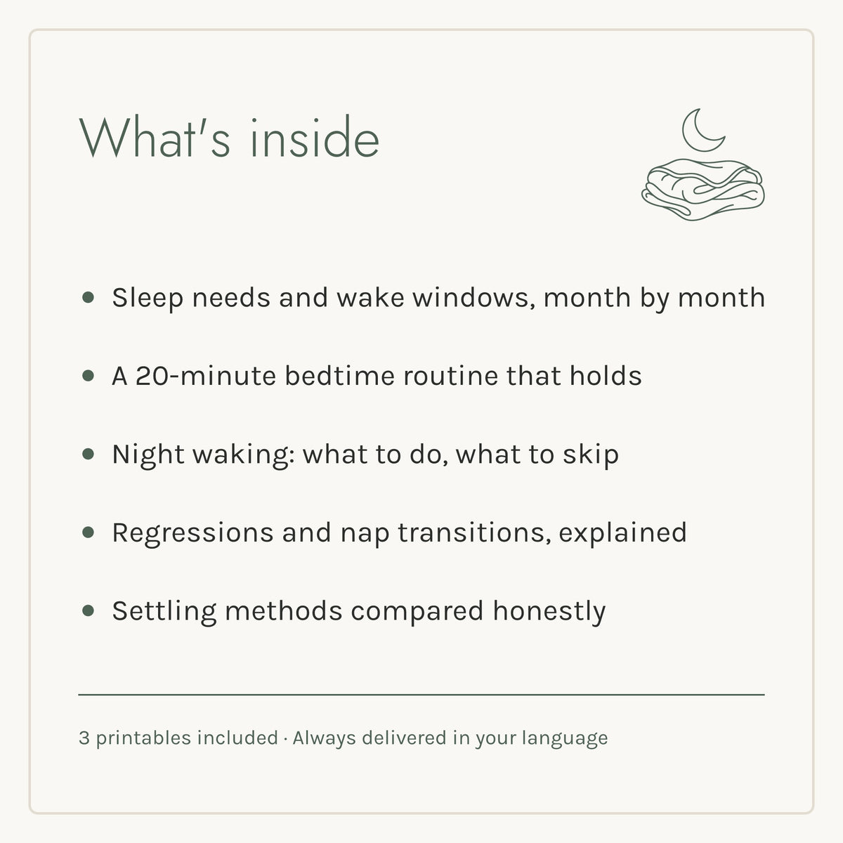 What's inside the Sleep, Settled e-book: five chapters and three printables