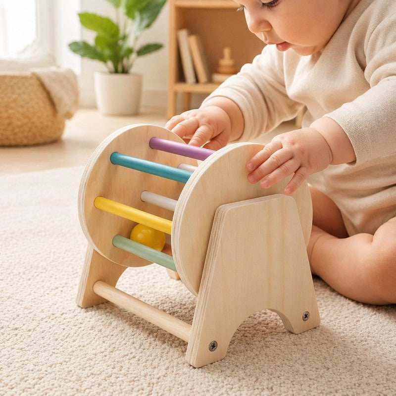 Educational Toy - Montessori Wooden Rolling Drum with Rotating Cylinder