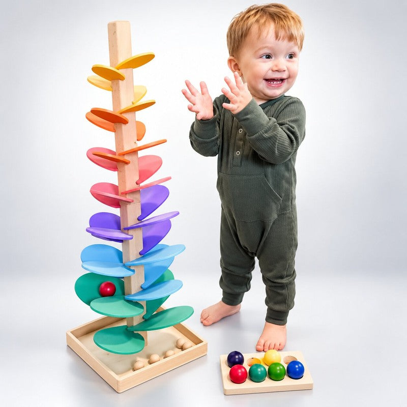 Educational Toy Rainbow Marble Run Tower - Wooden Spiral Ball Track