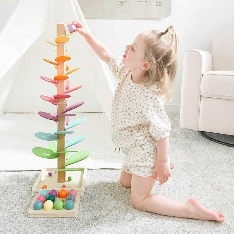 Educational Toy Rainbow Marble Run Tower - Wooden Spiral Ball Track