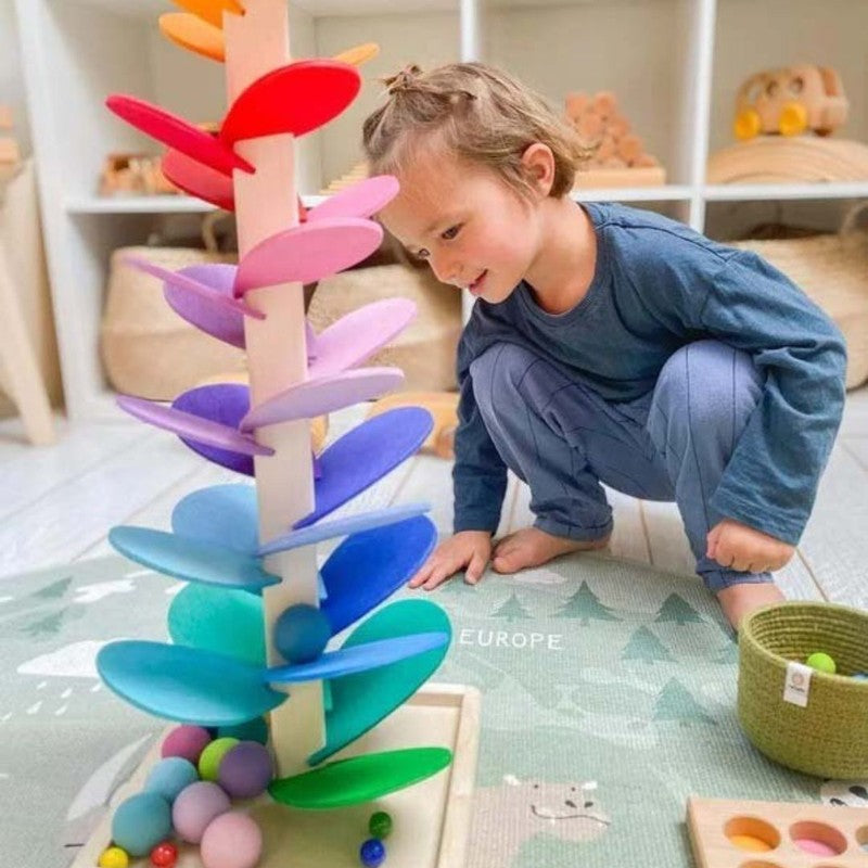 Educational Toy Rainbow Marble Run Tower - Wooden Spiral Ball Track
