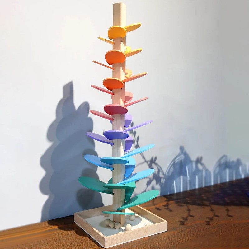 Educational Toy Rainbow Marble Run Tower - Wooden Spiral Ball Track