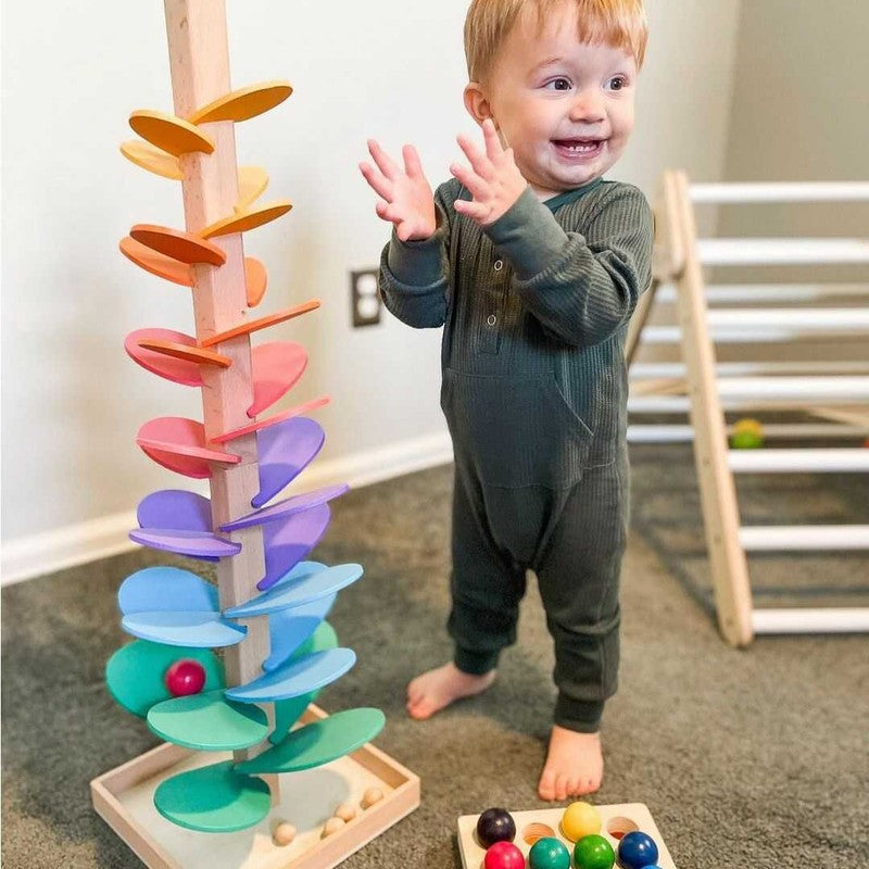 Educational Toy Rainbow Marble Run Tower - Wooden Spiral Ball Track