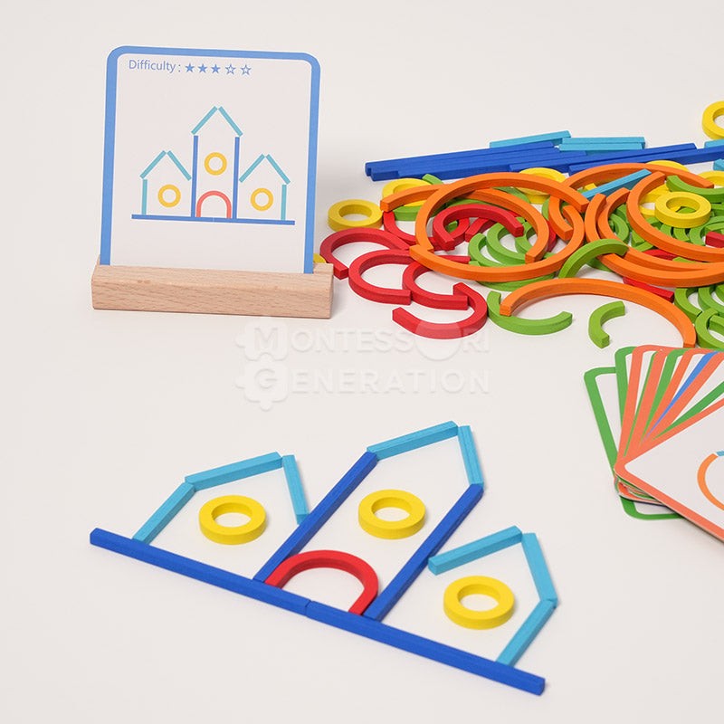 Educational Toy - Wooden Sticks and Rings Set with Activity Cards