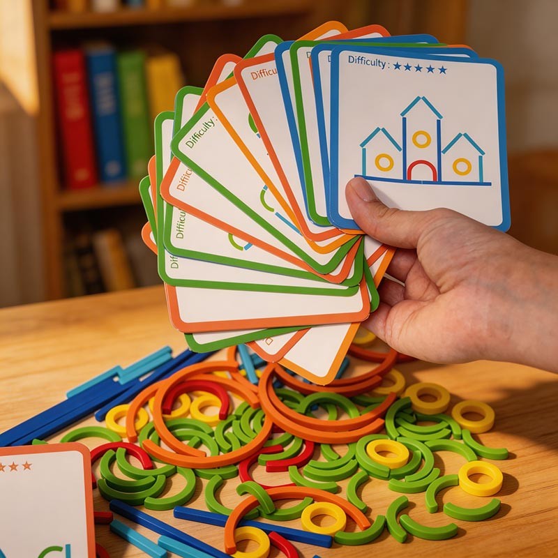 Educational Toy - Wooden Sticks and Rings Set with Activity Cards