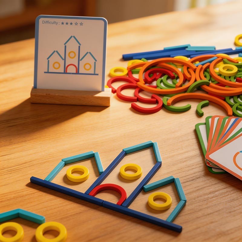 Educational Toy - Wooden Sticks and Rings Set with Activity Cards
