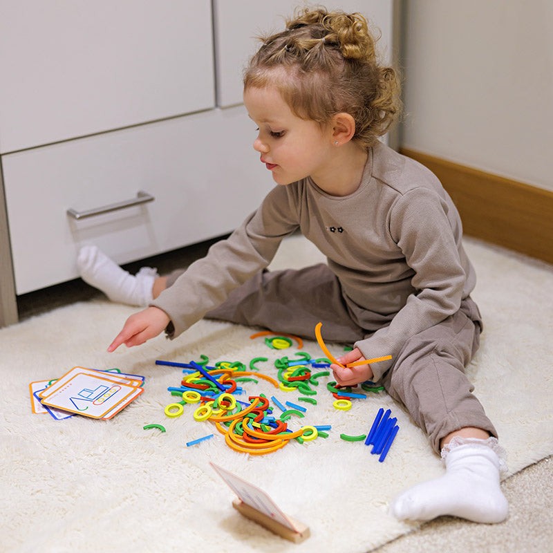 Educational Toy - Wooden Sticks and Rings Set with Activity Cards