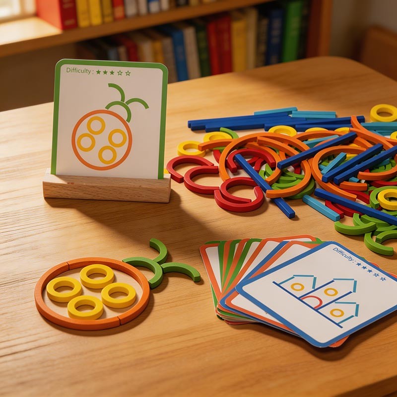 Educational Toy - Wooden Sticks and Rings Set with Activity Cards