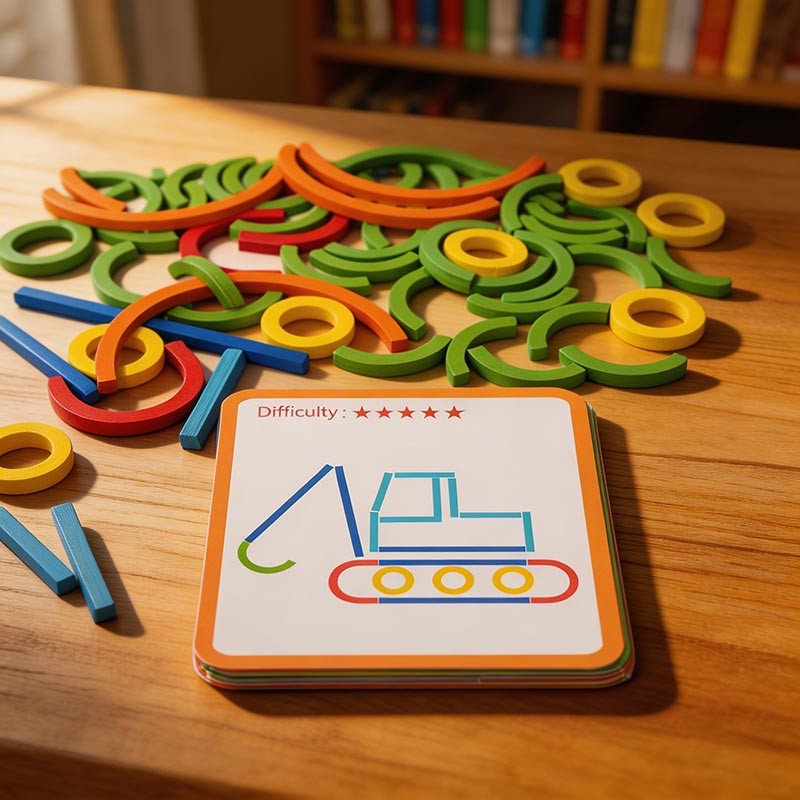 Educational Toy - Wooden Sticks and Rings Set with Activity Cards