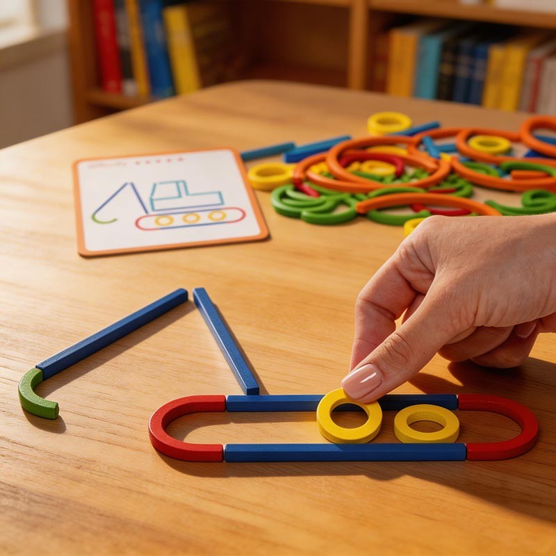 Educational Toy - Wooden Sticks and Rings Set with Activity Cards
